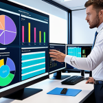 A serene and highly organized accountant, male or female, in a modern, well-lit office. They are confidently interacting with a holographic display or multiple digital screens showcasing advanced accounting software, AI automation, and efficient data processing. The scene conveys a sense of calm control over complex tasks, reflecting optimized time management and digital empowerment, with subtle futuristic elements.