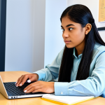 **

"A student, fully clothed in appropriate study attire, sitting at a desk reviewing accounting textbooks and online resources. The scene is a bright and organized study space, featuring a laptop displaying financial software. The student has a focused expression. safe for work, appropriate content, professional learning environment, perfect anatomy, correct proportions, natural pose, well-formed hands, proper finger count, natural body proportions, high quality, modest clothing, family-friendly."

**