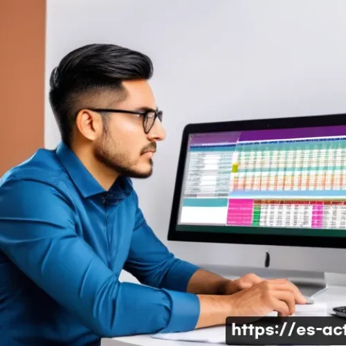 전산세무회계 초보자가 실무에 적응하는 법 - A professional Mexican accountant working at a modern office desk, wearing business casual attire, f...