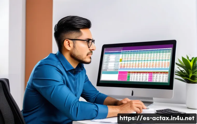 전산세무회계 초보자가 실무에 적응하는 법 - A professional Mexican accountant working at a modern office desk, wearing business casual attire, f...