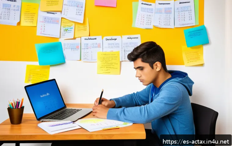 전산세무회계 시험 실패 원인 분석 - A focused young Hispanic student sitting at a wooden desk cluttered with accounting textbooks, noteb...