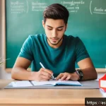 전산세무회계 실기시험 시간 관리 방법 - A focused young adult Hispanic student sitting at a clean, well-organized desk in a bright, modern s...