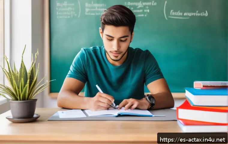 전산세무회계 실기시험 시간 관리 방법 - A focused young adult Hispanic student sitting at a clean, well-organized desk in a bright, modern s...