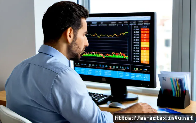 전산세무회계 직무별 필요 역량 - Photorealistic Spanish tax accountant in a modern Madrid office, focused professional reviewing colo...