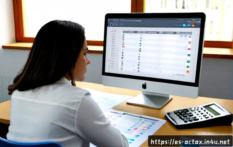 전산세무회계 시험 시뮬레이션 - Photorealistic exam simulation scene in a modern Spanish vocational training center, focused adult s...