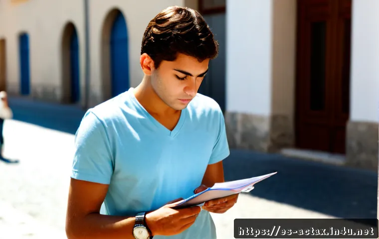 전산세무회계 자격증 시험일에 발생한 에피소드 - Photorealistic morning outside a Spanish professional certification exam center, a nervous young adu...